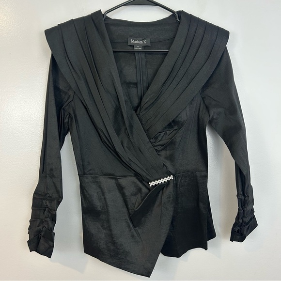 Madame X Black Vintage Pleated Rhinestone Ruched Faux Rap Blouse/Jacket Size M - Picture 1 of 12